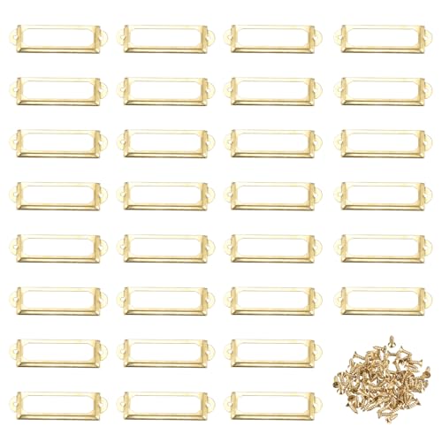 DEFANEX 30Pcs Metal Label Holders Set, (2.36" x 0.67") - Decorative Cabinet Label Frame Name Vintage Card Holder with Screws for Drawers Shelves Cabinet, Yellow