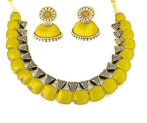 GOELX Silk Thread Antique Necklace Set with Jhumkis for Women (Yellow) (B07RB9TGPM) Amazon Price History, Amazon Price Tracker