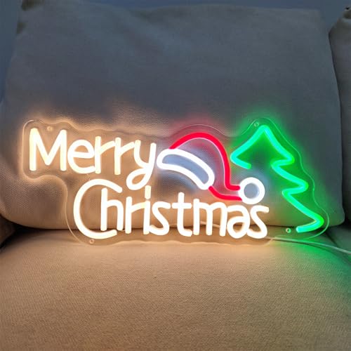 Image of Merry Christmas Neon Signs for Wall Decor, Christmas Hat & Tree Neon Signs, Led Lighted Signs for Home, Living Room, Bedroom, Happy Party & Bar Decoration, 16.9 inch x 7.5 inch