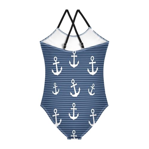 White Anchors Stripes Navy Blue Swimsuits for Girls One Piece, Summer Beach Swimsuit Girls, 3-102