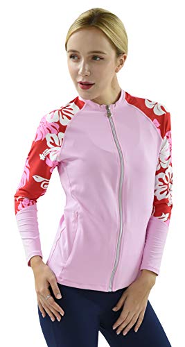Private Island Women UPF 50+ Rash Guard Front Zip Up UV Long Sleeve Swimsuit Top (XXL, PwRW)