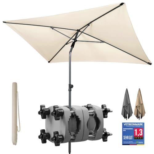 4smile Sonnenschirm Balkon SunnyShade 3-in-1 SET in Beige - UPF 50+ Sonnenschirm rechteckig 200 x 125 cm + Sonnenschirmhalter Balkongeländer + Sonnenschirmhülle