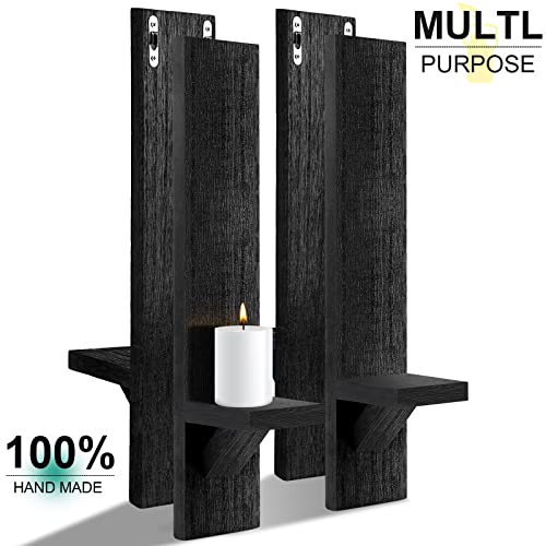 Potchen Set Of 4 Wall Sconces Candle Holder Mount Decorative Wood Holders Black Decor Rustic Hanging Shelf Living Room Decoration For Farmhouse Bathroom Bedroom Vase #TOP2