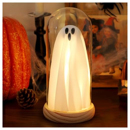 Halloween Ghost Decor Light – Light Up Ghost in Glass Cloche with Wood Base, Cute Indoor Halloween Decoration for Table, Shelf, Fireplace – Spooky Room Decor (1 Pack)