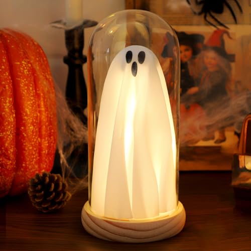 Halloween Ghost Decor Light – Light Up Ghost in Glass Cloche with...
