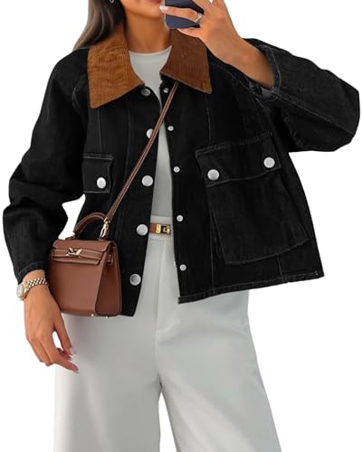 Cicy Bell Womens Cropped Denim Jackets Patchwork Corduroy Collar Barn Jean Jackets Snap Button Coat with Pockets