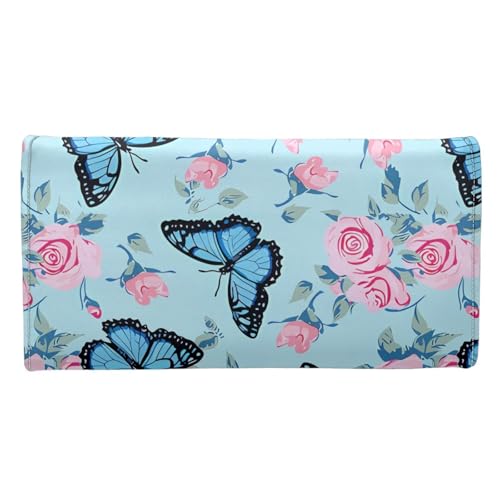 Image of AFPANQZ Wallet for Women Credit Card Holder with Coin Purse and Zipper Wallet, Blue Butterfly Rose Women's Clutch Organizer with Christmas Lights Snowman Crutch