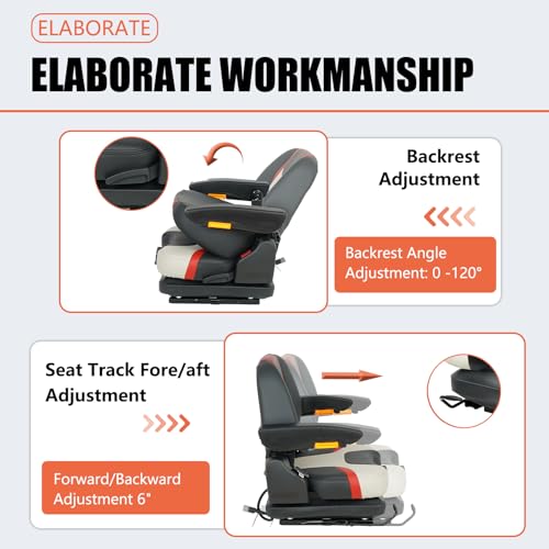 Tractor Suspension Seat, Highback Low Mower Seat, Adjustable Backrest and Slide Rails, Armrests Shock Absorber Heavy Duty Seat for Toro Forklift Mower Excavator Harvester