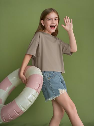 Image of Girls Athletic Oversized Crop Tops Kids Drop Shoulder Short Sleeve T Shirts Workout Tees 5-14 Years