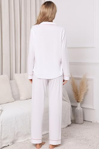 Image of LUBOT Women's Pajamas Set 100% Cotton PJ Set for Women Long Sleeve Button-Down Shirt PJ Pants Two-piece Set Warm Sleepwear Loungewear (White, L)