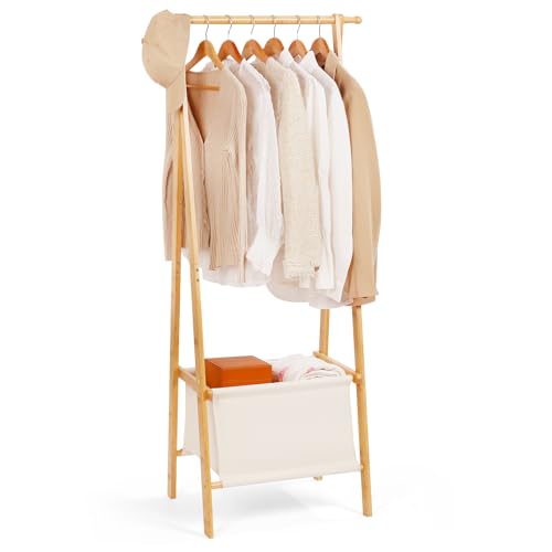 Relquorax Porte-manteaux en bambou, portemanteau avec garde-robe ouverte et sac de rangement, tringle à vêtements, stable pour la chambre à coucher, couloir...