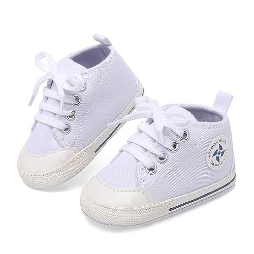 Baby Boys Girls Star High Top Sneaker Soft Anti-Slip Sole Newborn Infant First Walkers Canvas Denim Shoes (11cm, A-White, 0-6 Months Infant)2