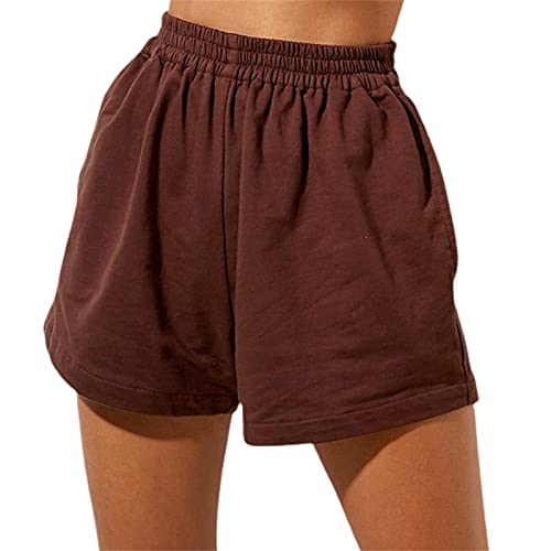 GOOCHEER Womens Workout Shorts Casual Summer Solid Running Sweat Shorts Elastic High Waist Shorts with Pockets (E-Coffee, S)