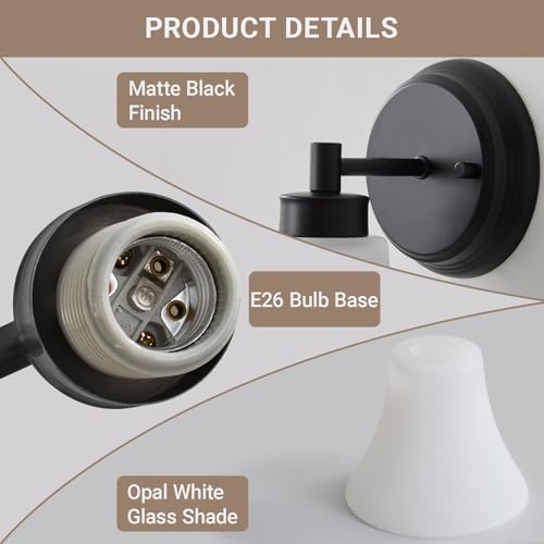 Image of LOUSACE 2 Pack 1-Light Bathroom Vanity Lights Black Vintage Bathroom Lighting Fixtures with Opal White Glass, Set of 2 Single Vanity Wall Sconces for Side Mirror Cabinet Stairs Kitchen Living Room