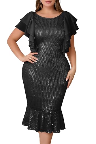 Image of VERWIN Plus Size Sequins Dress Ruffle Sleeve Midi Dress Bodycon Mermaid Hem Dress Sparkly Round Neck Prom Dress