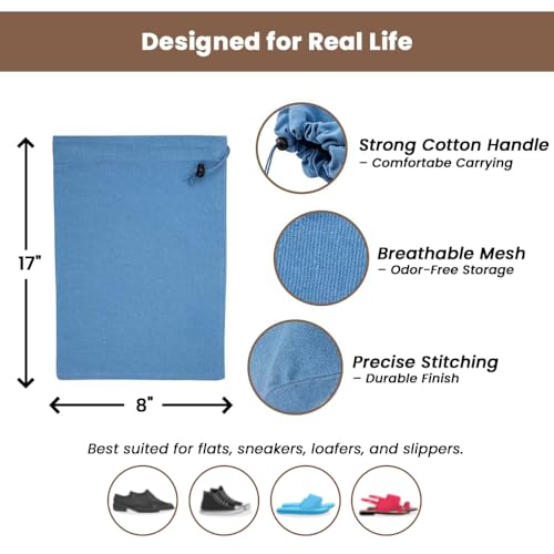Image of LFH Cotton Rich Shoe Storage Bags with Drawstring, Dustproof Breathable Reusable Organizer, Perfect For Travel, Dorm, Hotel, College, Gym, Easy to Carry, Machine Washable 8 inchx17 inch (Pack of 4) - Sky Blue