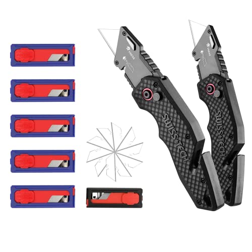 Swiss+Tech Utility Knife Set, Speed Release Folding Knife With Belt Clip And Landyard Hole, Extra 70 Pieces Sk5 Blades Included #TOP24