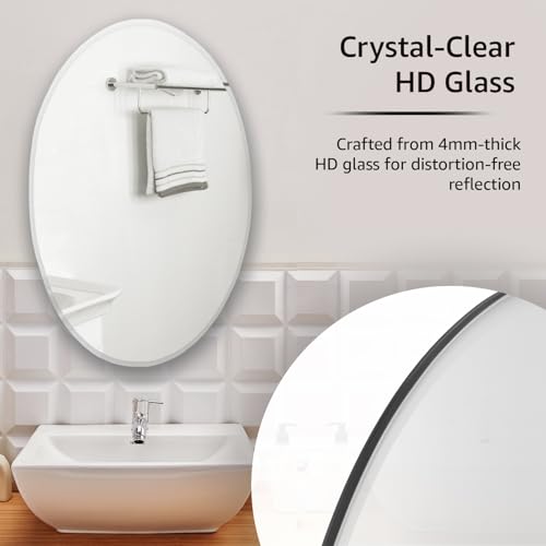 Image of Amazon Basics Frameless Oval Glass Wall Mount Mirror with Beveled Smooth Edges - Decorative Bathroom, Bedroom, Living Room, Dressing Room & Entryway Mirror - 29 x 0.4 x 44 cm