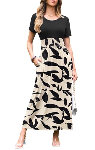 AUSELILY Women's Summer Smocked Short Sleeve Long Maxi Dresses for Women 2025 New2