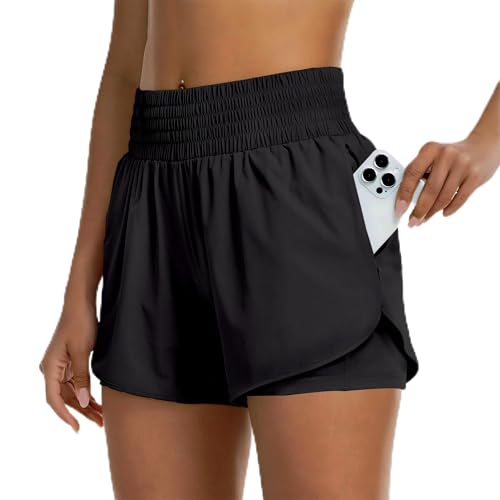 Short Running Femme 2 en 1 avec 2 Poches Zippées - Short Sport Femme Taille Haute Élastique pour Course à Pied, Fitness, Yoga, Randonnée & Tennis - Short...