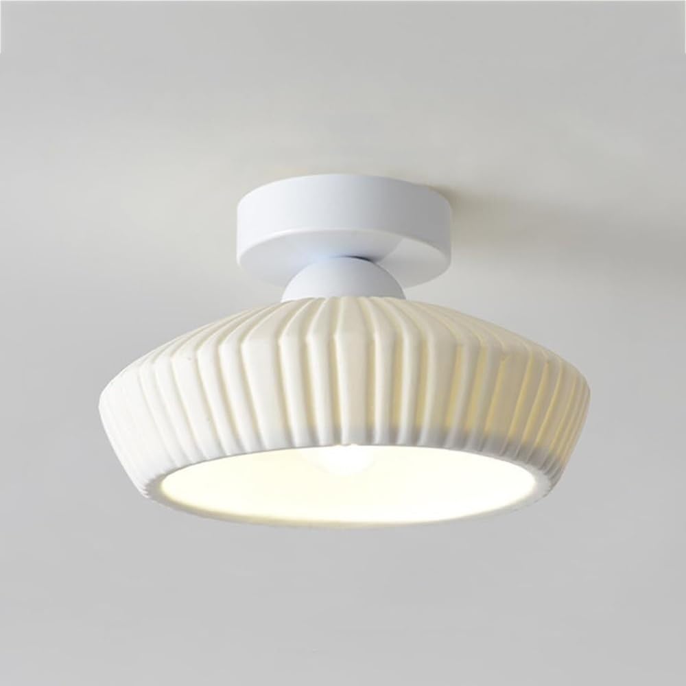 NHPJFDC Modern Pleated Ceramic Flush Mount Ceiling Light White Porcelain Ribbed Shade Small Semi Flush Mount Fixture for Hallway Entryway Balcony 3 Color Dimmable Gold White Base E26(White)