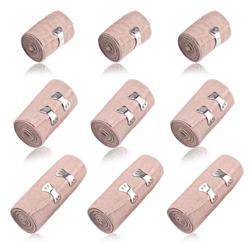 Zyiphor 9 Pezzi 4,5m Bende Elastiche per Bendaggi, Garza Elastica per Fasciatura 5/7,5/10cm Bendaggio Elastico Bendaggio Compressivo con Clip Metalliche per Polsi, Caviglie, Distorsioni del Ginocchio