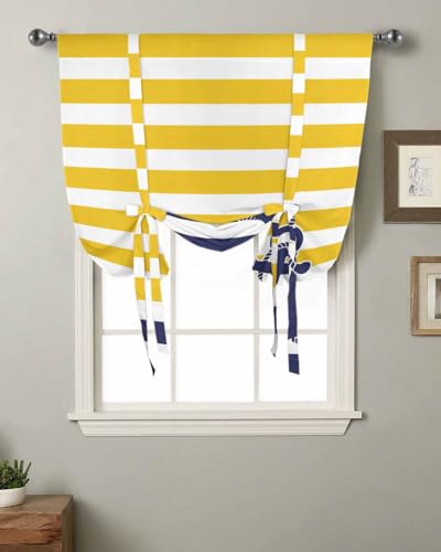 Blue Yellow Stripe Tie Up Curtains for Windows 45 Inch Length Balloon Curtains Kitchen Adjustable Balloon Window Shade Nautical Anchor Summer Modern Coastal Tie Up Bathroom Curtain Window 34