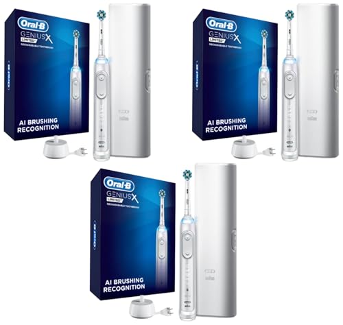 Image of Oral-B Genius X Limited Rechargeable Electric Toothbrush with 1 Replacement Brush Head, Travel Case, White (Pack of 3)