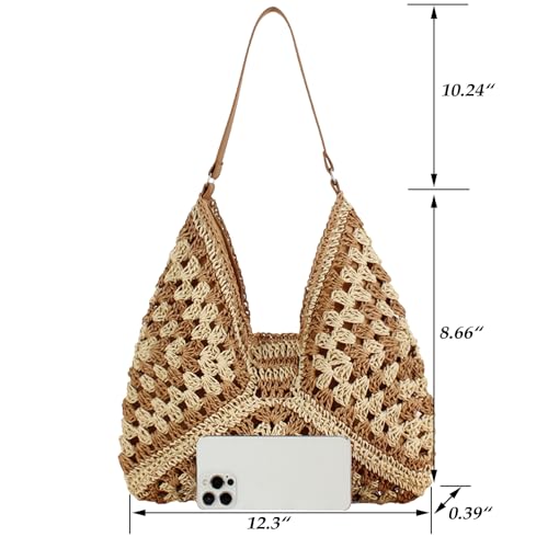 Image of Straw Hobo Bag for Women 2025 Boho Woven Beach Purse Large Summer Straw Tote with Lining Black Raffia Shoulder Bag for Vacation Travel & Daily Use (Khaki 1)