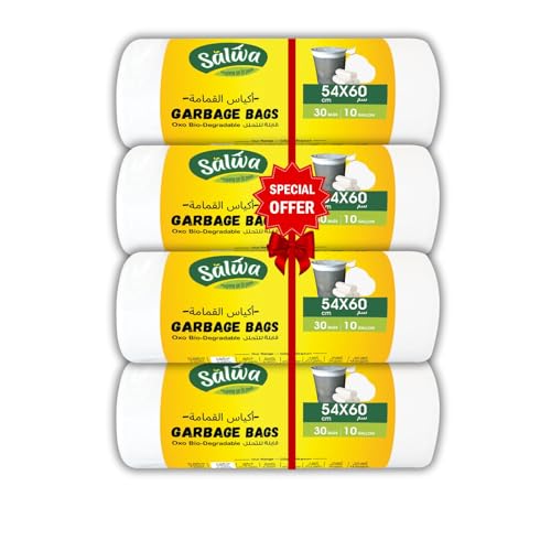 Salwa Garbage Bags 10 Gallon Capacity 54x60cm White Promo Pack of 4 (120 Bags) Strong Bin Liners Durable Trash Bags Waste Bags for Kitchen Bathroom Office Indoor & Outdoor Use