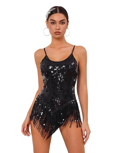 Damen Gymnastikanzug mit glitzernden Pailletten, Fransen, Quaste, Einteiler, Body, Latein-Tanz, Schwarz, Large