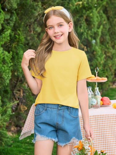 Haloumoning Girls Summer Short Sleeve Shirt Kids Crewneck Curve Hem Soft Tunic Tops T-Shirts 5-14 Years3