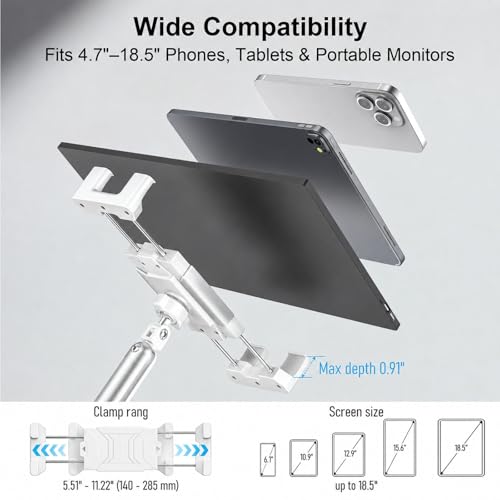 Image of Portable Monitor Stand 15.6 inch, Heavy Duty Tablet Arm Mount with Desk Clamp | Sag-Free Adjustable iPad Holder for Bed, 360 Foldable Arm Fits 4.7 inch to 18.5 inch iPad Pro /Air /Mini, Thick Case Friendly, White