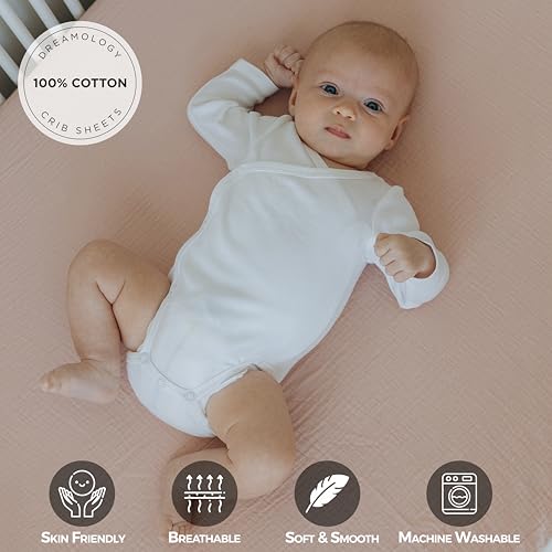 Image of Dreamology Mini Muslin Crib Sheet,2 Pack,100% Cotton Crib Sheets,Girl,Boy | Soft,Breathable,Pack and Play Sheets,Mini Crib Sheets fitted,Pack n Play Sheets Fitted,24x38 Mini Crib Sheet | Rose,Pink