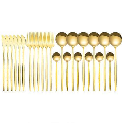 Juego de 24 cubiertos de acero inoxidable para 6 personas con cuchillo, tenedor y cuchara, pulido brillante y apto para lavavajillas, 700 g