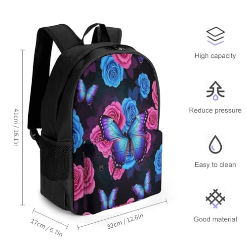 Travel Backpack, Pink Blue Rose Butterfly Durable Spacious Shoulder Bag with Adjustable Strap, Women Men Portable Versatile Daypack2