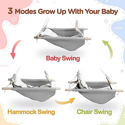 Image of Baby Swing Indoor and Outdoor, Canvas Hammock Swing for Baby to Toddler with a Comfortable Seat, Macaroon Wooden Toy, Adjustable 5-Point Harness,3 Modes,Gift for Baby Boys Girls, Grey&White