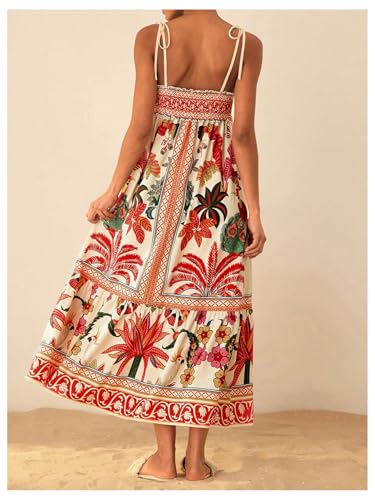 Image of WDIRARA Women's Boho Floral Sleeveless Ruffle Maxi Dress Tropical Graphic Tie Shoulder Smocked Cami Dresses