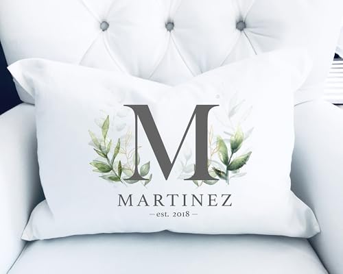 WESTBROOK DESIGN STUDIO Family Initial Throw Pillow. 20x14 Lumbar Personalized Cover & Insert w/Last Name, Est. Year - Gray on White