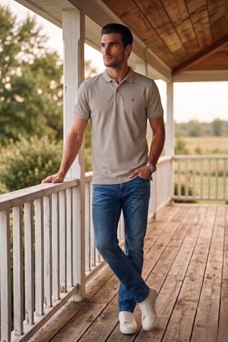 Image of Louis Philippe Men's Slim Fit Single-Tuck Pique Stylized Sleeve Print and Contrast Tipping Half Sleeve Solid Cotton Polo Tshirt