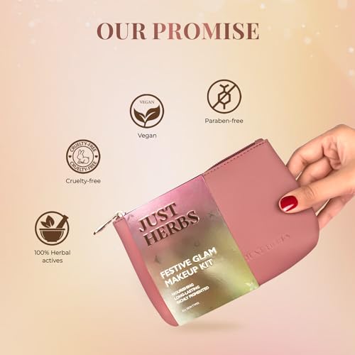 Image of Just Herbs Festive Glam Makeup Essential Makeup Pouch for Women (Lip & Cheek Tint, Ultra Matte Lipstick, Nail Paint, Eyeliner)