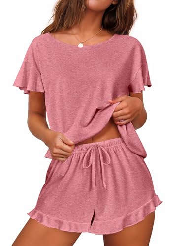 Image of Ekouaer Women's Pajama Set Ruffle Sleeves Top and Short | 2 Piece Ruffle Hem Sleeves Top and Shorts Pjs Set, Soft Short Sleepwear Set, Elastic Waistband Design