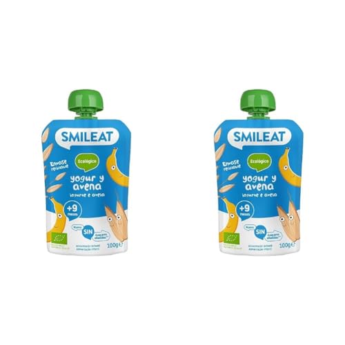 Smileat - Pouch Ecológico de Yogur y Avena, Ingredientes Naturales Bebibles, Para Bebés a Partir de los 9 Meses - 100g (Paquete de 2)