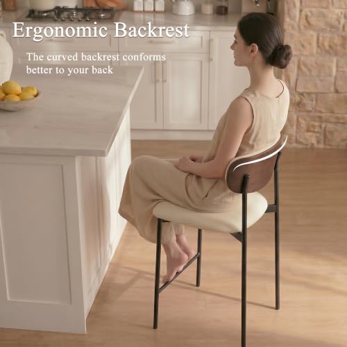 Image of GrandNoor Modern Bar Stools Set of 2, 24 Inch Upholstered Beige Faux Leather Counter Height Stools with Curved Backrest & Metal Legs, Wood Grain Back Bar Chairs for Kitchen Island