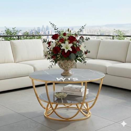 Image of Shoppee Coffee Table - Modern 2-Tier with Faux Marble Top and Gold Metal Frame - Stylish Center Table for Living Room, Sofa Table, Elegant Cocktail Table for Home, Office, Grey & Gold