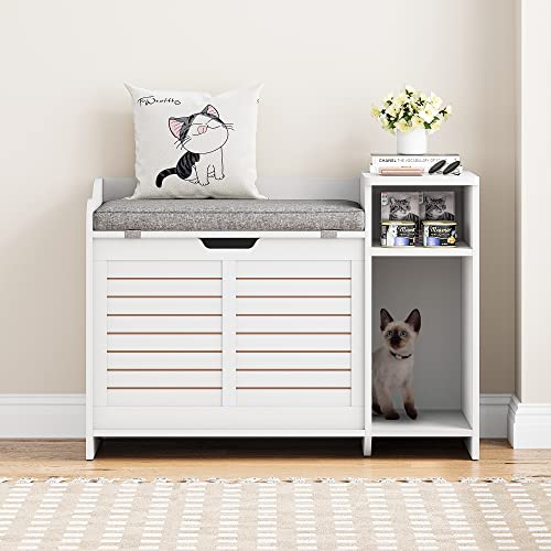 IDEALHOUSE Litter Box Enclosure with Top Opening with Cushion, Cat Litter Box Furniture Hidden, Litter Box Hidden, Cat House, Privacy Cat Litter Box Cabinet, White