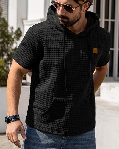 Aiyino Men's Hoodies Pullover Casual Short Sleeve Drawstring Waffle Knit Hooded Sweatshirt with Kanga Pocket4