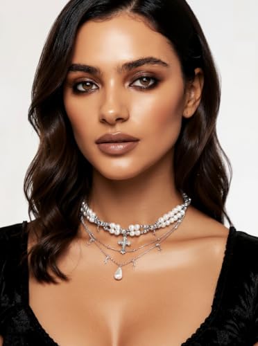 LILIE&WHITE Goth Cross Necklace For Women Boho Pearl Necklace Fashion Gothic Jewelry Layered Emo Necklaces Terndy Halloween Chunky Silver Necklaces Wear For Daily Or Party Wear2