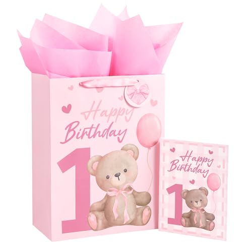 Loveinside 1st Birthday Gift Bag for Baby Girl, Large Pink Bear D...