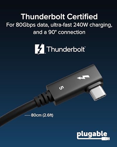 Câble Thunderbolt 5 Plugable 240W coudé à angle droit pour charge rapide